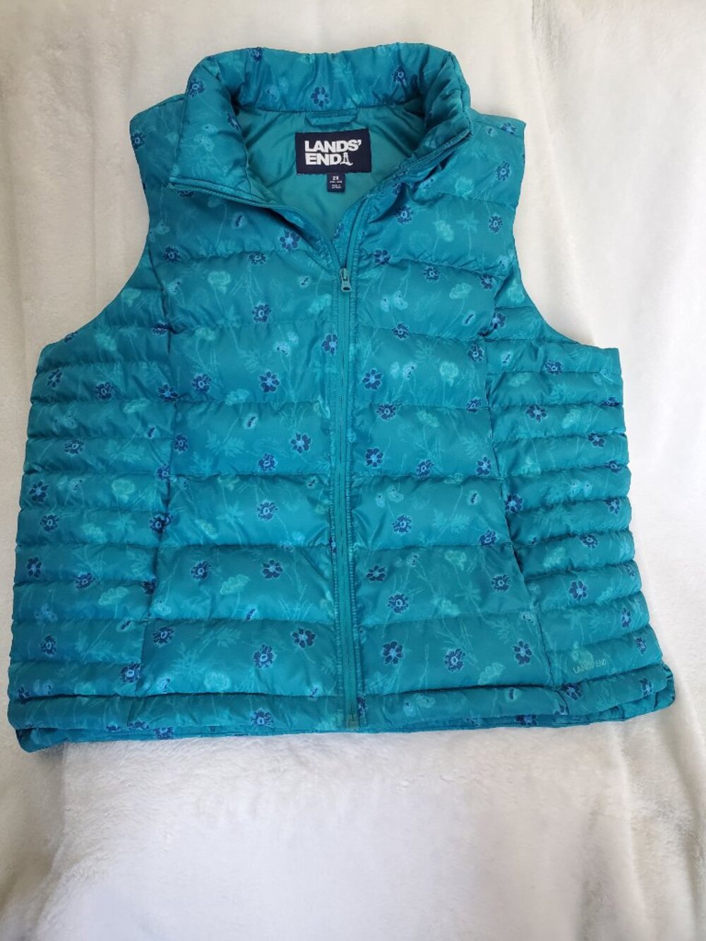 Lands' End 600 Fill Down Puffer Vest Spade Blue Hand Dye Floral 2X